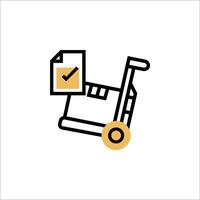 A black and yellow icon of a cart with a check box vector