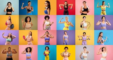 Women of various backgrounds showcase their strength and fitness in a vibrant fitness studio. Each one is engaged in different exercises, highlighting their dedication. photo