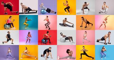 People of different fitness levels and styles perform a range of workouts in a colorful indoor environment. Activities include stretching, lifting weights, and using exercise balls. photo