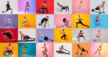 A vibrant collection of individuals engaged in various fitness activities, highlighting strength, flexibility, and motivation. The colorful backgrounds enhance the dynamic workout atmosphere. photo