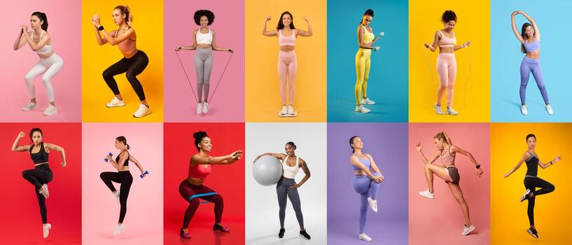 grupos de mujer realizar diverso ejercicios, exhibiendo fuerza y resistencia. cada individual se enfoca en diferente rutina de ejercicio rutinas, destacando su compromiso a aptitud física. foto