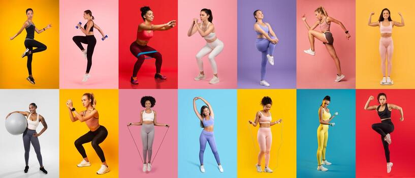 un grupo de mujer realiza un variedad de aptitud ejercicios, exhibiendo fuerza y flexibilidad. el vibrante antecedentes mejorar el energético atmósfera durante su rutina de ejercicio sesión. foto