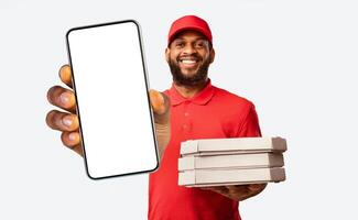 Pizzeria Courier Delivering Pizza On-Time Holding Boxes And Clock Smiling To Camera Posing Over Yellow Studio Background. photo