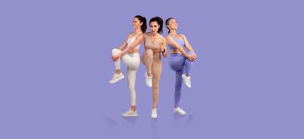 Three fitness models perform a series of stretching exercises against a vibrant purple background. Each model demonstrates different poses to enhance flexibility and strength. photo