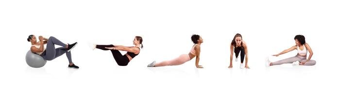 Five women demonstrate different fitness exercises in a gym setting. Activities include using a stability ball, core workouts, yoga poses, and stretching routines. photo