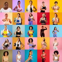 A group of diverse women poses in brightly colored settings, promoting health and fitness. Each individual holds workout gear and sports drinks, radiating positivity and energy. photo