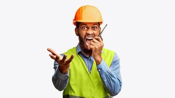 Building Industry. Mad Black Architect In Helmet And Vest Shouting In Two-Way Radio On White Studio Background, Looking At Camera photo