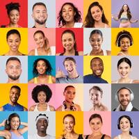 A collection of smiling individuals against colorful backgrounds, representing joy and energy. Each person displays happiness, capturing the essence of positivity and community engagement. photo