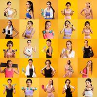 A group of diverse women is engaged in various fitness activities against a bright yellow background. They hold weights, water bottles, and exercise gear, promoting a healthy lifestyle. photo