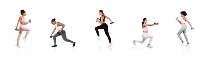 Four women engage in diverse workouts with dumbbells, demonstrating exercises that enhance strength and improve fitness levels in a bright, modern environment. photo