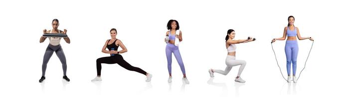 Five women are engaged in various fitness activities indoors. They utilize weights, resistance bands, and a jump rope while dressed in vibrant activewear, promoting health and exercise. photo