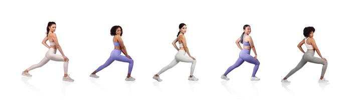 un grupo de cinco mujer demuestra yoga estiramientos en un ligero antecedentes. cada es vistiendo vibrante ropa deportiva mientras enfoque en su poses y mantener balance, exhibiendo flexibilidad y fortaleza. foto