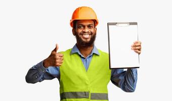 Building Services. African Construction Worker Showing Blank Folder Gesturing Thumbs Up Standing Over White Studio Background. Panorama photo