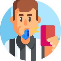 A referee holding a whistle and a red card vector