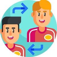 Two men are looking at each other with arrows pointing to the left and right vector