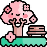 A cartoon tree with a pink flower and a bench vector