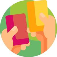 Two hands holding up two different colored cards vector