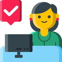 A woman is sitting at a desk with a computer and a tick mark vector