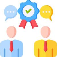 Two people with speech bubbles and a badge vector