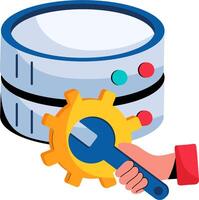 A hand holding a wrench and a large database vector