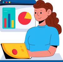 A woman is working on her laptop with a pie chart on the screen vector