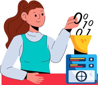 A woman is holding a computer with a number on it vector