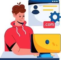 A man sitting at a desk with a computer and a com icon vector