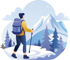 A man with a backpack and trek poles is walking in the mountains vector