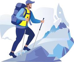 A man with a backpack and ski poles is hiking up a mountain vector