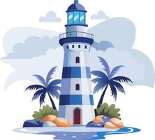 Lighthouse on the beach with palm trees and rocks vector