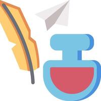 A paper airplane and ink bottle are next to a feather vector