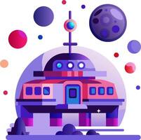 An illustration of a spaceship with planets and stars vector