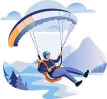 Paraglider man flying in the sky with mountains and trees vector