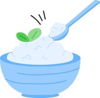 A bowl of rice with a spoon and a leaf vector