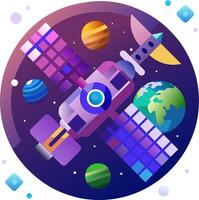 Space satellite with planets and stars in the background vector