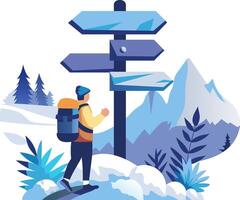 A man with a backpack is standing next to a signpost with directions vector