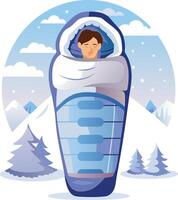 A man sleeping in a sleeping bag in the winter vector