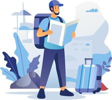 Traveler man with backpack and map illustration vector
