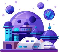 An illustration of a futuristic city with planets and buildings vector