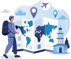 Travel map and map of the world with a person walking on it vector