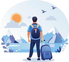 Man with backpack and luggage standing in front of mountains and lake vector