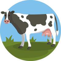 A cow standing in a field with grass and a blue sky vector