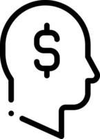 A black and white icon of a head with a dollar sign vector