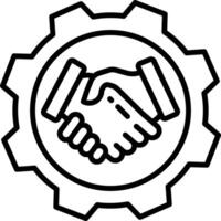 A black and white image of two hands shaking in a gear vector