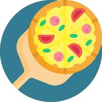 A pizza is being held up on a wooden spoon vector