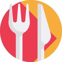 A fork and knife are shown in a red and yellow circle vector