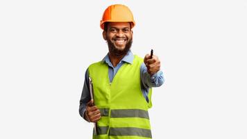 African Construction Workman Giving Instructions Pointing At Camera Holding Pen Standing On White Studio Background. Panorama photo