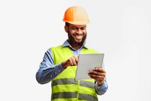 Architect Using Digital Tablet Working On Construction Site Checking Building Project Standing On White Studio Background. photo
