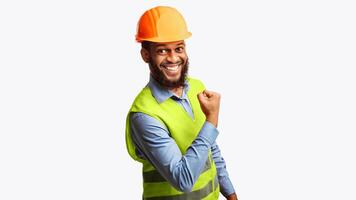 Joyful Black Construction Worker Man Gesturing Yes Smiling To Camera Standing On White Studio Background. Panorama photo