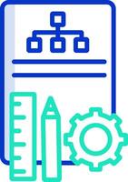 A blue and green icon of a ruler, pencil and a paper vector
